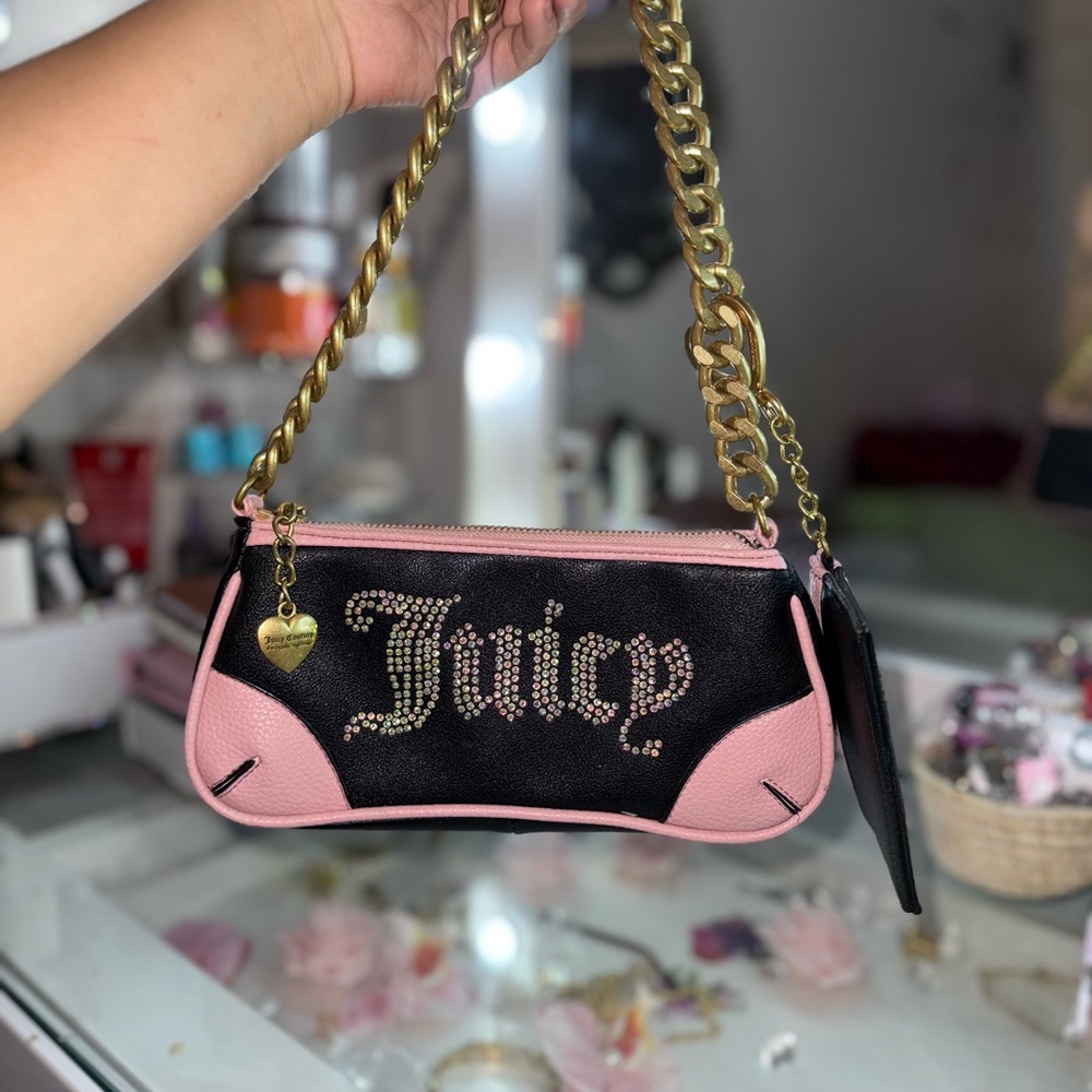 Juicy Couture Black and Pink Shoulder Bag with Gold Chain